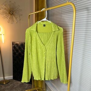 SHEIN Green Button Down Ribbed Long Sleeve Top